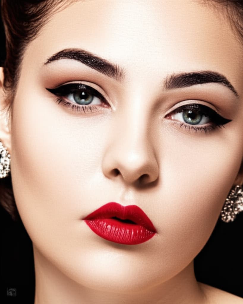 Close-up portrait of a woman modeling an elegant, natural vintage makeup look, inspired by 1950s glamour, featuring classic red lipstick, winged eyeliner, and perfectly arched eyebrows.