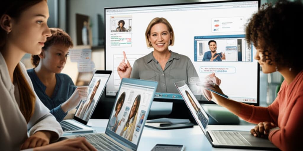 High-quality realistic image of a diverse group of students engaged in an interactive virtual classroom session, showcasing online learning and remote education tools.