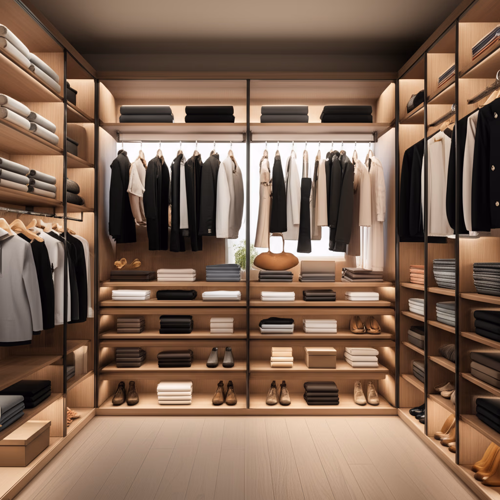 A beautifully organized modern walk-in closet with custom shelving, hanging clothes, drawers, and neatly arranged shoes, showcasing efficient storage and decluttering solutions.
