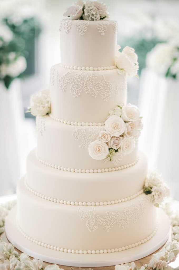 Beautiful white three-tiered wedding cake with delicate floral decorations, perfect for a wedding reception.