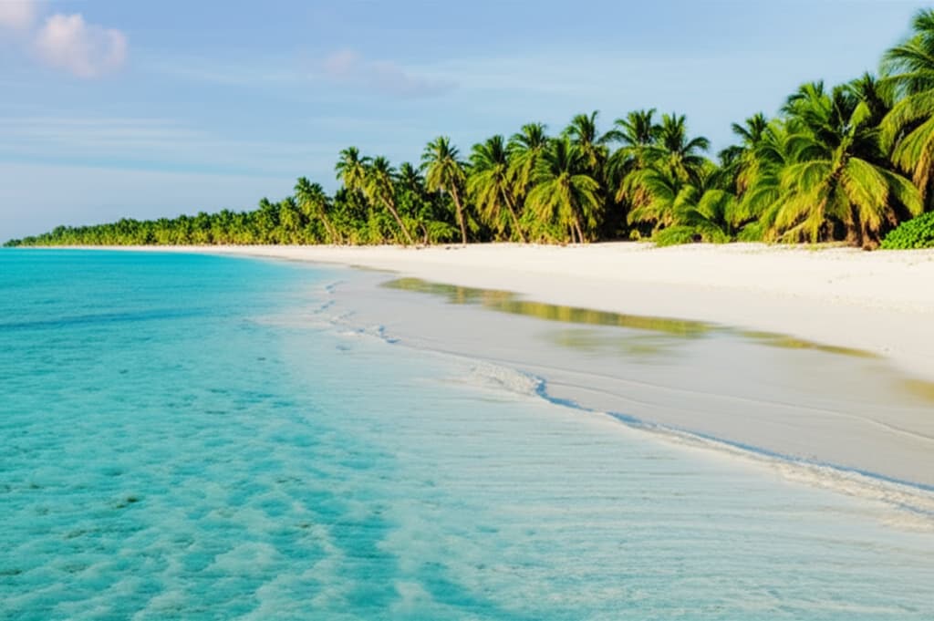 A serene panoramic view of a pristine white sand beach with turquoise ocean waters, lush palm trees, and a clear blue sky. Ideal for tropical vacation inspiration.