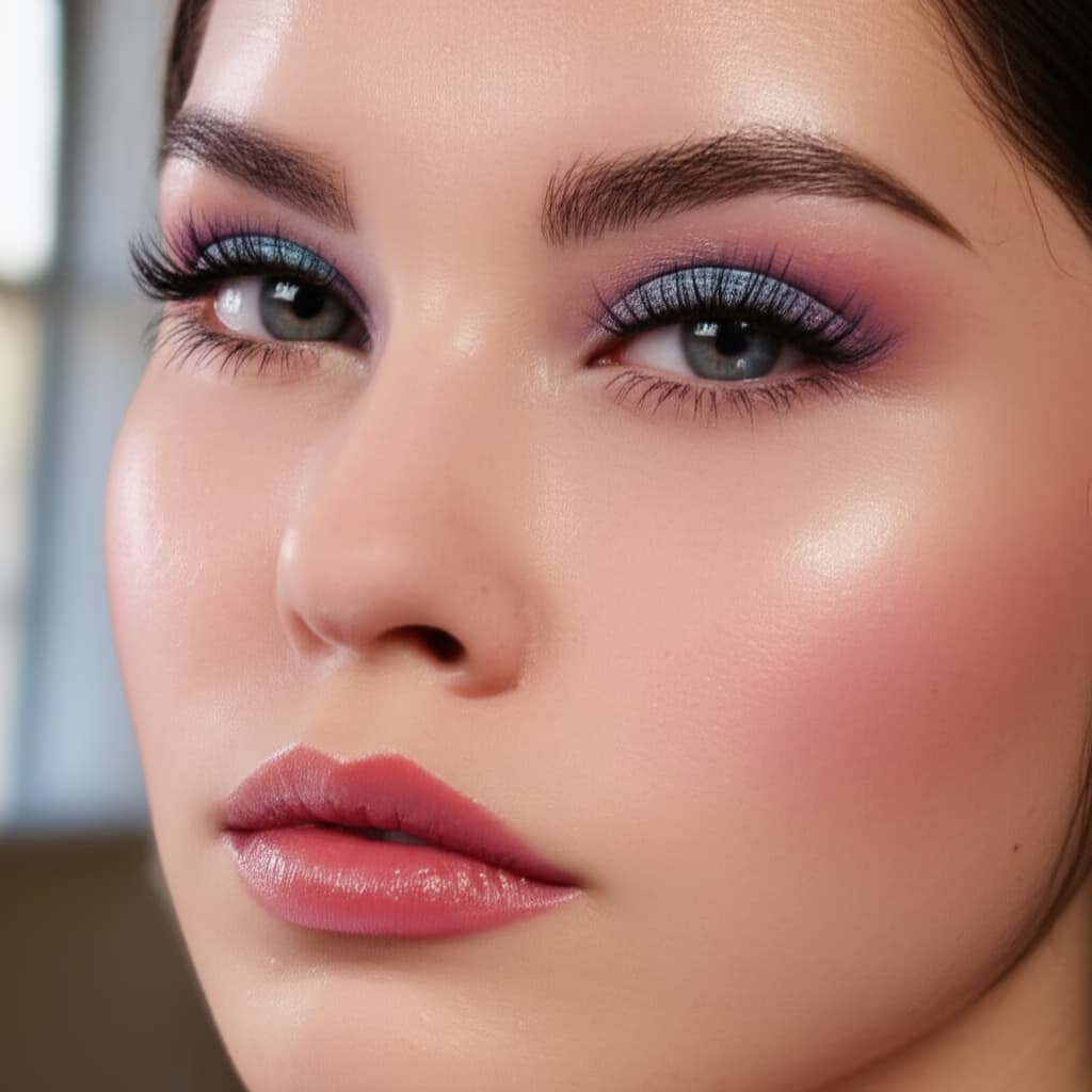 Close-up of a woman showcasing a natural winter makeup look with glowing, dewy skin, soft cool-toned eyeshadow, and a subtle berry lip, perfect for cold weather beauty inspiration.