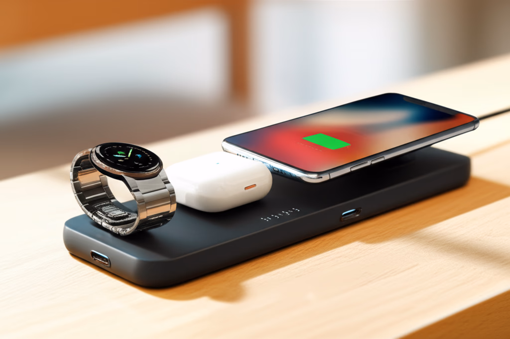 A modern, sleek wireless charging station powering a smartphone, smartwatch, and wireless earbuds on a tidy desk, showcasing efficient multi-device charging.
