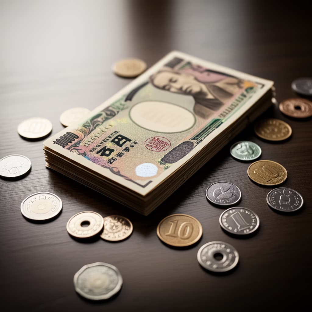 Close-up of a stack of crisp Japanese Yen banknotes and scattered Yen coins on a wooden surface, highlighting intricate details.