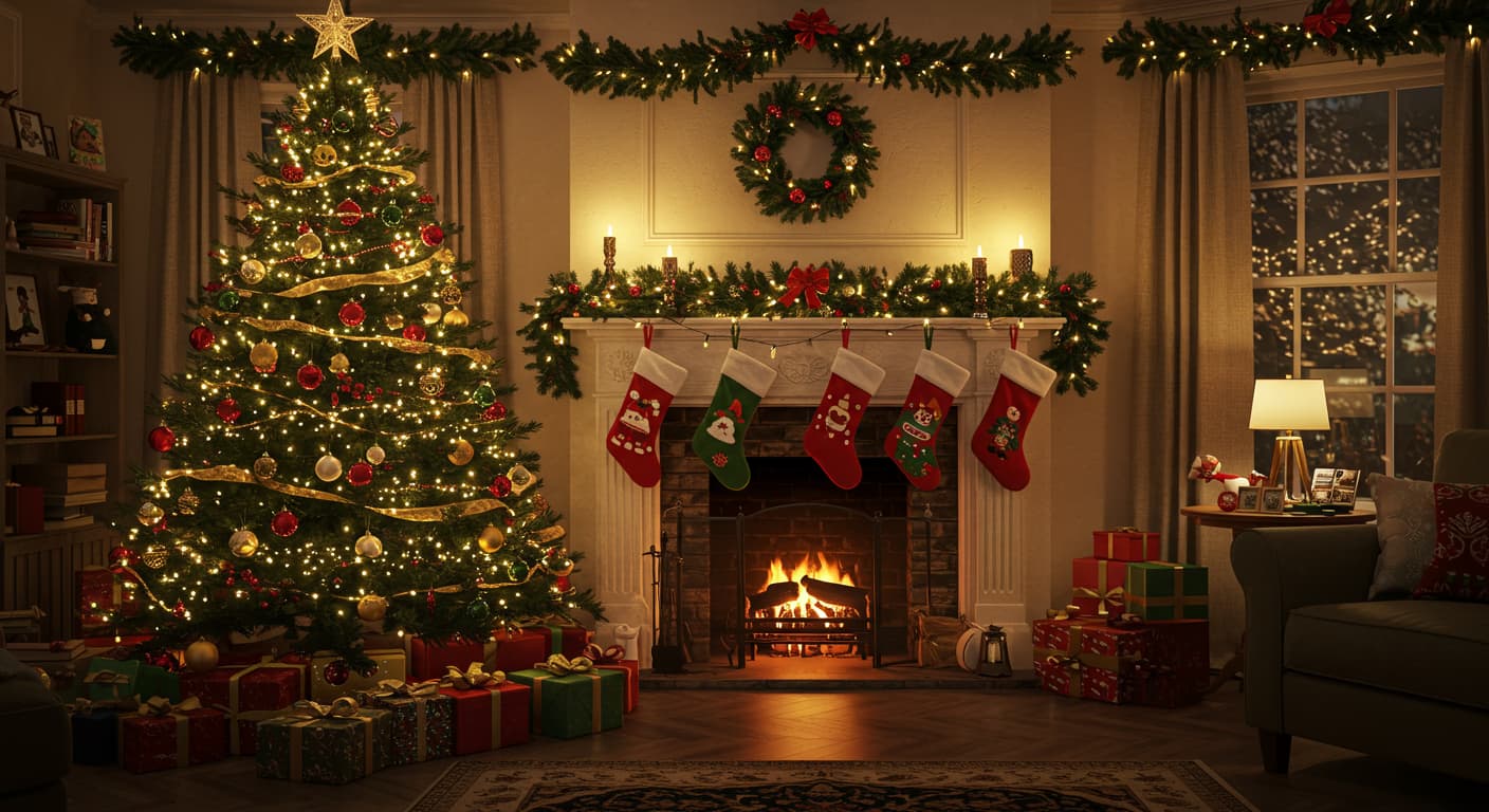 Beautiful Christmas Decorations Holiday Festive Decor Beautiful Christmas decorations with tree, lights, ornaments, and festive holiday setup