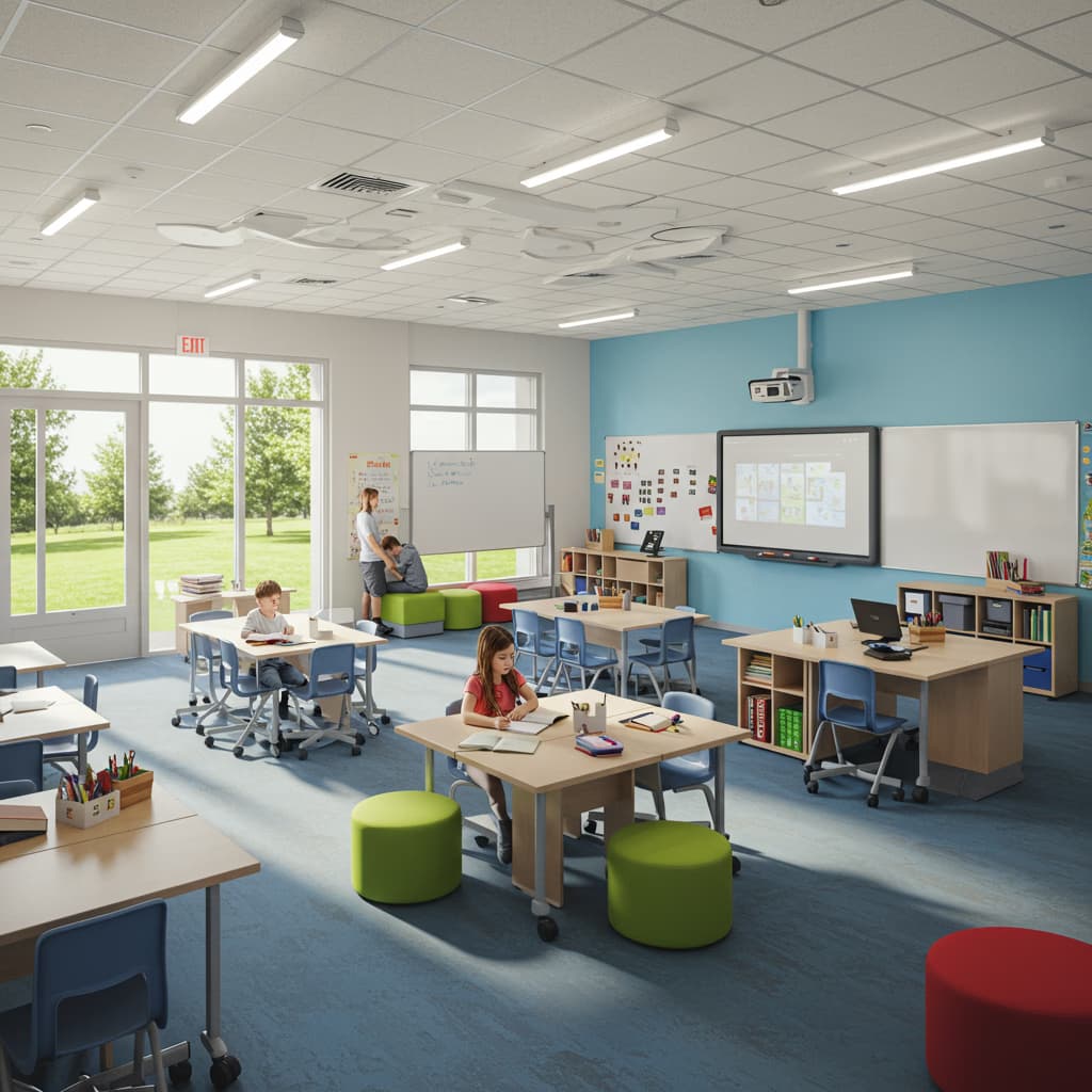 Modern Classroom Design Educational Learning Space Modern classroom design with desks, educational technology, and bright learning environment