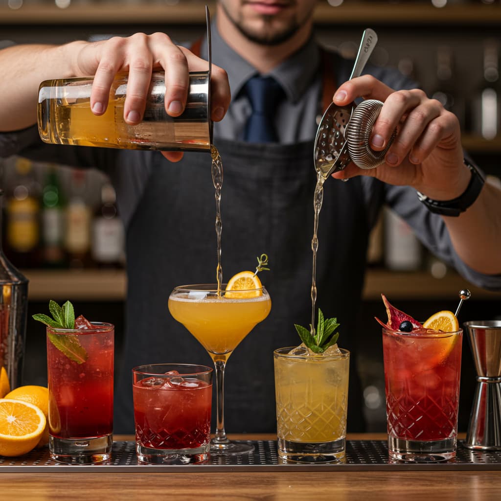 Cocktail Recipes Drink Mixing Beverage Presentation Cocktail recipes showing colorful drinks with garnishes and professional beverage presentation