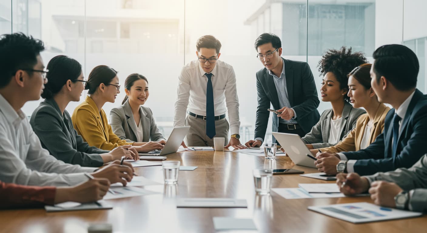 Professional Business Team Meeting Conference Business professionals having meeting around conference table in modern office